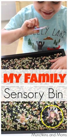 a young boy is playing with his family's sensory bin