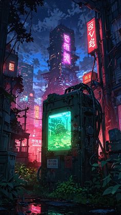 a futuristic city at night with neon lights