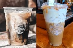 two different types of drinks are shown in this composite image and the same one is iced coffee