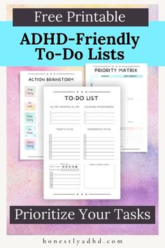 Three printable files with the text overlay "Free Printable ADHD to-do lists, Prioritize Your Tasks, honestlyadhd.com." Free Planner Templates, Homework Planner, Study Planner Printable, Planner Pdf, Planner Printables Free, Free Planner, Printable Templates, Templates Printable Free, Planner Organization