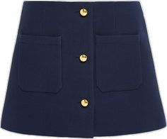 Workwear Skort With Button Closure And Short Length, Workwear Skort With Button Closure, Classic Blue Mini Skirt, Chic Formal Bottoms With Gold Buttons, Chic Skirt With Gold Buttons For Work, Formal Mini Skirt With Button Closure, Workwear Mini Skirt With Button Closure, Formal Buttoned Mini Skirt, Elegant Formal Mini Skirt With Buttons