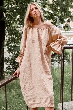 Linen Dress ESTELLA . off the Shoulder Dress. Linen Dress Long - Etsy Linen Long Sleeve Midi Dress For Brunch, Oversized Beige Tunic Dress, Bohemian Beige Long Sleeve Linen Dress, Bohemian Long Sleeve Linen Midi Dress, Bohemian Linen Long Sleeve Midi Dress, Bohemian Linen Midi Dress With Long Sleeves, Summer Linen Midi Dress With Long Sleeves, Linen Kaftan, Linen Tunic Dress