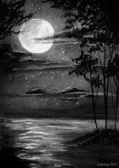 a black and white drawing of a full moon over water with trees in the foreground