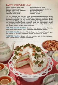 an old recipe book shows a cake and other dishes