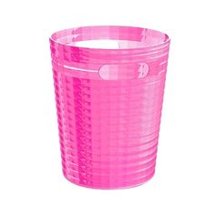 a pink plastic cup sitting on top of a white table