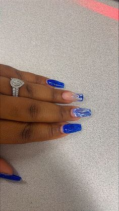 Cute Royal Blue Nails, Black And Blue Nails, Royal Blue Nails, Blue Glitter Nails, Royal Blue Shorts, Graduation Nails, Blue Flame