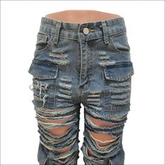 Upgrade your style with a pair of our Grunge Style Ripped Cargo Jeans. These unique jeans come with all the grungy street-cred you need, featuring rips and cargo pockets that'll give your look an edge! Wear 'em if you dare! Decoration Button , Zip Up , Pockets , Hole Style Sexy & Club Fabric Type Denim Material Cotton , Polyester Pattern Type Solid Season Spring / Autumn Type Jeans Fabric Non-Stretch Urban Style Ripped Denim Blue Cargo Jeans, Distressed Grunge Cargo Jeans For Spring, Urban Ripped Denim Bottoms, Urban Ripped Denim Blue Pants, Urban Style Ripped Denim Blue Pants, Ripped Denim Blue Grunge Bottoms, Mid-rise Ripped Cargo Jeans In Medium Wash, Distressed High Waist Cargo Jeans In Grunge Style, Distressed High-waist Cargo Jeans In Grunge Style