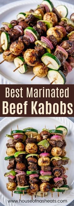 the best marinated beef kabobs on a white plate