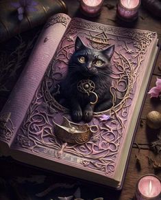 a black cat sitting on top of an open book next to candles and other items