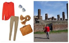 a woman in red shirt and tan pants standing next to ruins