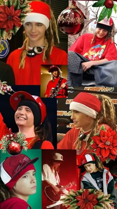 a collage of photos with people dressed up in christmas hats and poinsettis