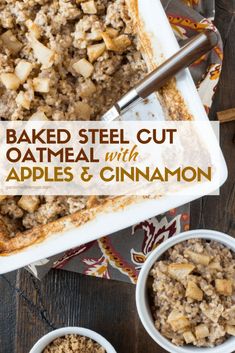 baked steel cut oatmeal with apples and cinnamon in white bowls on a wooden table