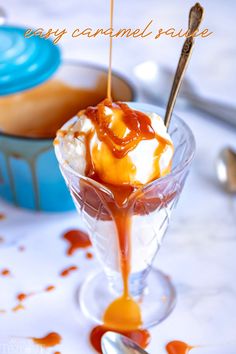 an ice cream sundae with caramel sauce drizzled on top