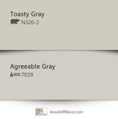 two gray boxes with the words, toasty gray and agreeable gray on them