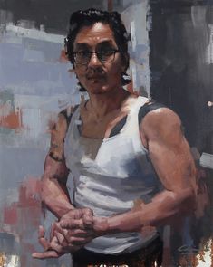 a painting of a man with glasses holding his hands together