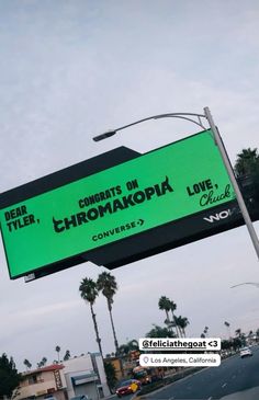 a large green sign hanging from the side of a building next to a street with palm trees