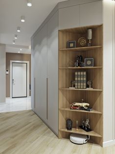 a book shelf in the middle of a room