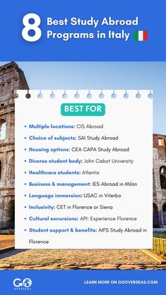 the 8 best study abroad programs in italy for students and professionals, with text overlay