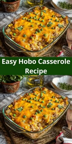 an easy hobo casserole recipe is shown in two separate pans with the same topping