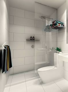 a white toilet sitting next to a sink in a bathroom under a shower head mounted on a wall