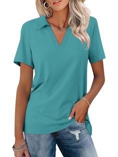 PRICES MAY VARY. Material:short sleeve shirts for women,women's polo shirts,the fabric of this womens casual tops includes cotton,polyester and spandex,super soft material,elasticity,not see-through,friendly to you skin,Lightweight and breathable fabric makes you feel cooler throughout the summer. Features:womens short sleeve tops.polo shirts for women,unique polo collared v neck design is eye-catching,attracting attention and receiving praise.The lapel design can create a confident and elegant Womens Casual Tops, V Neck Polo Shirt, Shirts Summer, Loose Tees, Tops Casual, Casual Tops For Women, Polo Shirt Women, Polo Shirts, Shirts & Tops