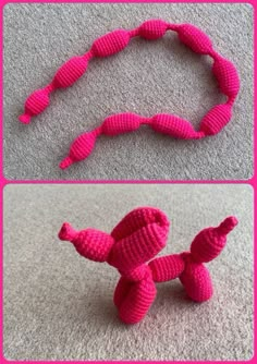 crocheted pink toy laying on the floor next to it's own photo