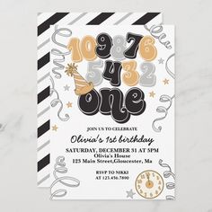 a birthday party card with the number one on it