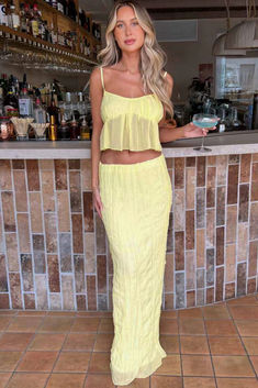 Yellow Maxi Skirt, Yellow Maxi Skirts, Yellow Maxi, Maxi Rok, Backless Crop Top, Crop Top Dress, Ruched Skirt, Top Skirt Set, Cami Crop Top