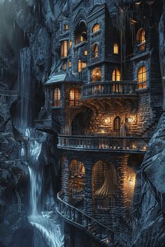 a castle with waterfall and lights in it