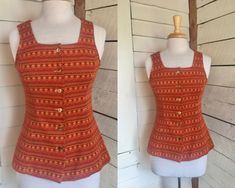 "70s Vest polyester knit metal buttons square neck and horizontal stripe print Size - S - some stretch Bust - 34\" Waist - 29\" Hips - 34\" Length - 24\" Condition - very good vintage A little wear on a couple of the buttons - see photo" Fitted Orange Vest For Summer, Fitted Orange Summer Vest, Fitted Orange Vest For Spring, Fitted Casual Vest With Buttons, Fitted Casual Orange Vest, Casual Fitted Orange Vest, Fitted Orange Casual Vest, Fitted Orange Vest For Fall, Fitted Orange Top With Button Closure