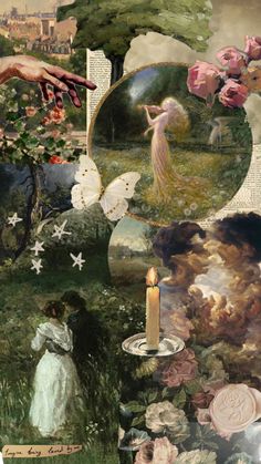 a collage of images with flowers and a woman holding a candle in her hand