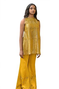 Yellow kurta with thread cutwork hand embroidery. Comes with pant and a padded bustier. - Aza Fashions Yellow Sharara With Gold Embroidery, Elegant Fitted Palazzo Set With Gold Embroidery, Fitted Sleeveless Pant Set, Elegant Gold Sleeveless Sets, Silk Fitted Pants For Eid, Fitted Silk Pants For Eid, Diwali Sleeveless Palazzo Set With Chikankari Embroidery, Designer Wear Fitted Palazzo Set With Straight Pants, Designer Fitted Palazzo Set With Straight Pants