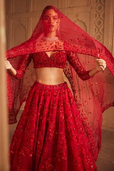 Buy Red Blouse Net Embroidery 3d Flower Sweetheart Neck Gul Bridal Lehenga Set For Women by Prevasu Online at Aza Fashions. Sequin Lehenga, Organza Bridal, Indian Bride Photography Poses, Bridal Lengha, Net Embroidery, Blouse With Long Sleeves, Embroidery 3d, Organza Lehenga, Bride Photography Poses