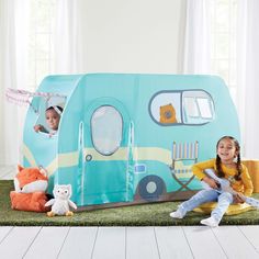 Bring all the fun of camping, right to your child's playroom. The Martha Stewart Kids' Camper Play Tent inspires pretend play and encourages children ages 3 and up to use their imagination. Easily fit the washable fabric tent over the durable steel frame and instantly transport your child to a playful world created just for them. The camper-themed play tent features an awning, see-through windows and authentic image details like tired, dogs and camping equipment. Kids Play Tent, Playhouse Outdoor, Kids Vanity, Toddler Bedrooms, Play Tent, Indoor Activities, Kids Playroom, Outdoor Kids, Play Houses