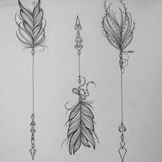 an ink drawing of feathers and arrows