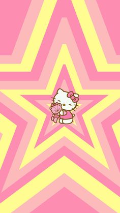 a hello kitty wallpaper with pink and yellow stars on the bottom, and an image of a star in the middle