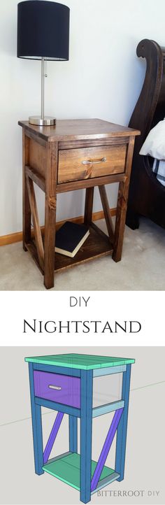 the diy night stand is made from an old table and has been painted purple, green