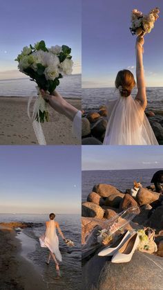 the bride is walking along the beach with her bouquet