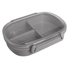 a gray plastic container with compartments for food and water in it on a white background