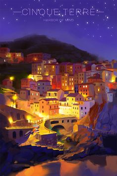 an image of a city at night with the words cinque te terre written above it