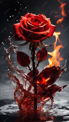 a red rose with water splashing on it's petals and the flame behind it