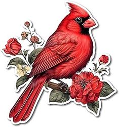 a red bird sitting on top of a branch with flowers