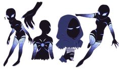 an image of various female character poses in black and blue outfits, with hands on their hips