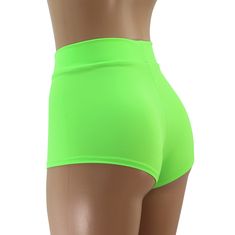 "Welcome to Dilly Duds™ Custom Apparel Made in the USA! Neon Green Matte Spandex High Waist 2\" Waistband STYLE OPTIONS Cheeky- pictured in this listing and will show cheeks. Regular Length- full coverage of booty. SIZING INFO ⭐SEE PHOTOS FOR SIZING CHART⭐ If you need help with sizing, send me a message and please include the following measurements: ✅NATURAL WAIST: (around the belly button) ✅HIPSTER WAIST: (the place you wear mid-rise shorts) ✅HIPS: (around the largest part of your booty) ✅Thigh Stretch Rave Shorts, Fitted Rave Bottoms With Built-in Shorts, Summer Rave Shorts For Club, Trendy Stretch High-waisted Swim Shorts, Rave Style Club Shorts For Summer, Summer Rave Style Shorts For Club, Green High Stretch Workout Shorts, High Stretch Green Workout Shorts, Fitted Green Bottoms For Club