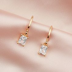 Avignon Emerald Cut Huggies - Gold Diamond Emerald Cut Earrings, Bridesmaids Earrings Gold, Wedding Day Jewelry Brides Earrings, Bridesmaid Accessories Jewelry Gold, Gold Bridal Accessories, Simple Bride Jewelry, Maid Of Honor Jewelry, Simple Gold Dangle Earrings, Elegant Wedding Earrings