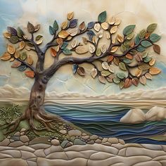 a painting of a tree with leaves on it's branches and water in the background