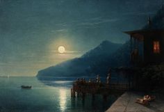 a painting of people on a pier at night with the moon in the sky above