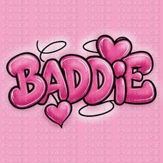 the word badie written in graffiti style on a pink background with hearts and arrows