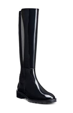 A stretchy back panel and knee-high silhouette amplify the modern appeal of a soft boot grounded by a grippy lugged sole. 1 1/2" heel Leather and textile upper/synthetic lining/leather and textile sole Made in Spain Stuart Weitzman 5050, Soft Boots, Lug Boots, Nordstrom Store, Lug Sole, Black Fits, Boot Shoes Women, New Shoes, Stuart Weitzman