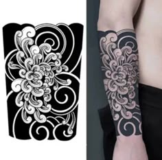 an arm tattoo is shown with black and white designs on the arms, while another image shows